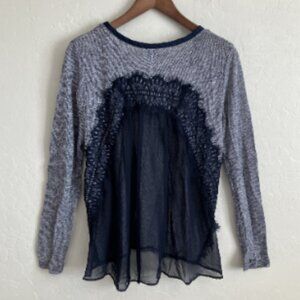 Flowy Sweater Womens Large Blue Long Sleeve Knit Tunic Lace Sheer Back Trixxi